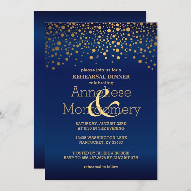 Convite Jantar de ensaio Dourado à moda dos confetes & dos (Frente/Verso)