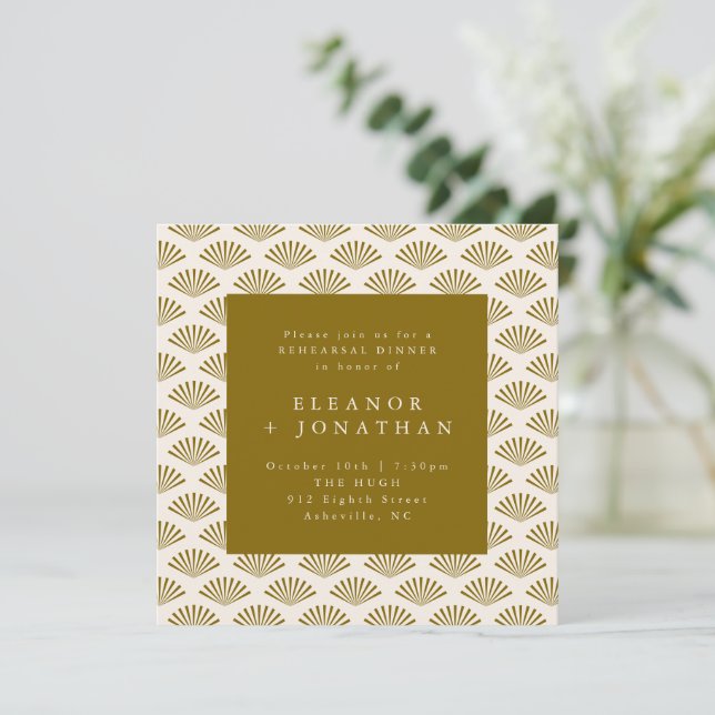 Convite Jantar de Ensaio Dourado Marfim com Padrão de Lequ (Em pé/Frente)