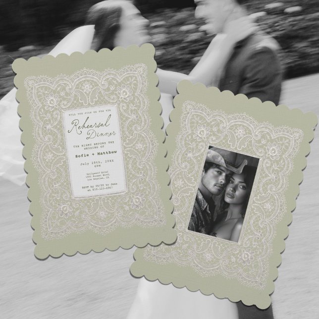 Convite Jantar de Ensaio em Sage Verde com Renda Delicada (Delicate Lace Doily sage green Rehearsal Dinner Invitation)