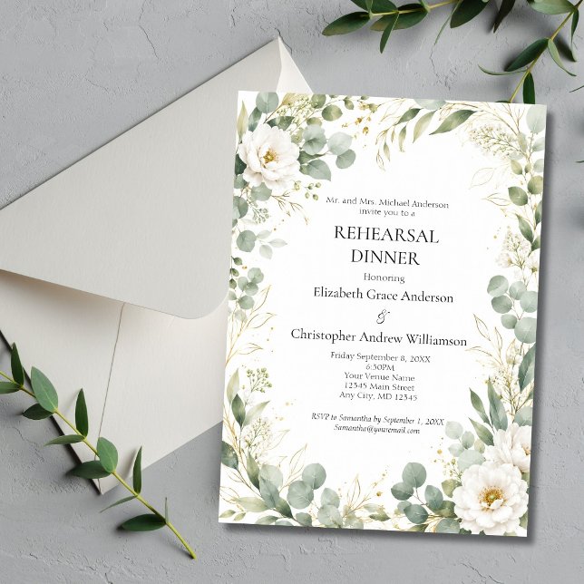 Convite Jantar de Ensaio Eucalyptus Botanicals White Rose  (Eucalyptus Greenery Botanicals White Roses Florals Wedding Rehearsal Dinner Invitation)