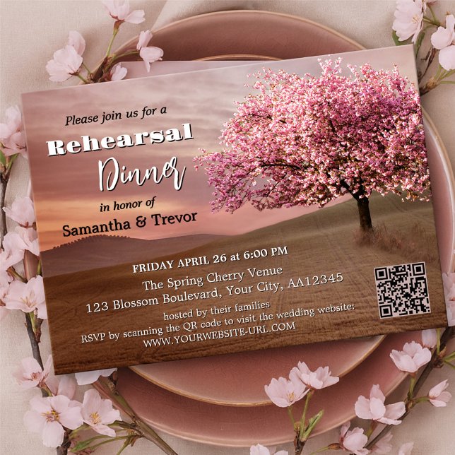 Convite Jantar de Ensaio Flor de Cerejeira de Chocolate (Rehearsal Dinner invitation with a painting of a chocolate landscape with a blossoming cherry tree)
