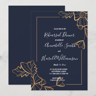 Convite Jantar de ensaio floral azul-marinho e dourado