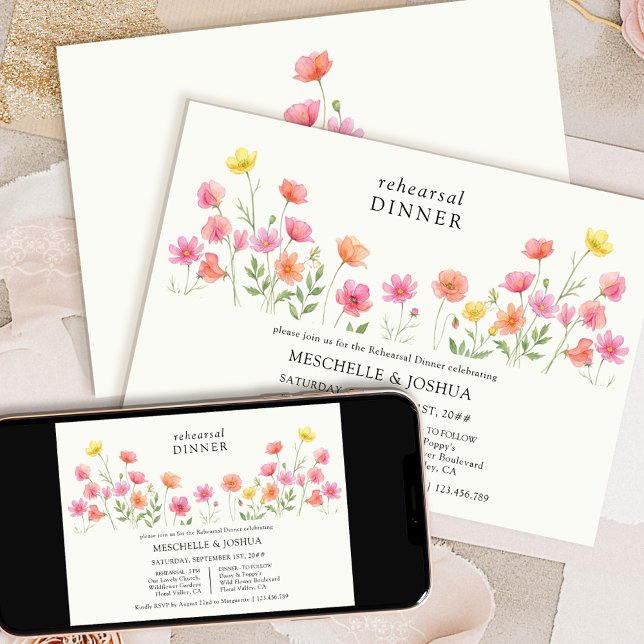 Convite Jantar de Ensaio Floral Bonito Laranja Rosa (Available to order printed or as a digital download)