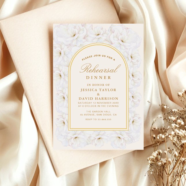 Convite Jantar de ensaio Floral de Marfim com Arco Dourado (Criador carregado)