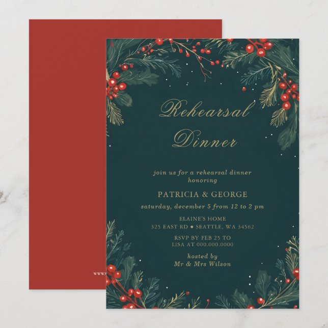 Convite Jantar de Ensaio Floral de Natal em Verde Dourado (Frente/Verso)