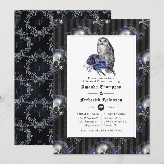 Convite Jantar de Ensaio Floral Gótico Preto e Azul (Frente/Verso)