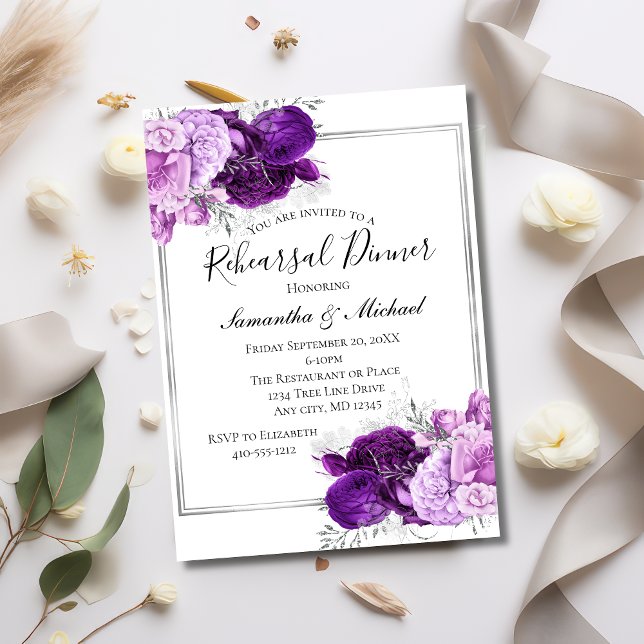Convite Jantar de Ensaio Floral Prateado Roxo Elegante (Purple Silver Elegant Wedding Rehearsal Dinner Invitation. Printed or Instant Digital download)