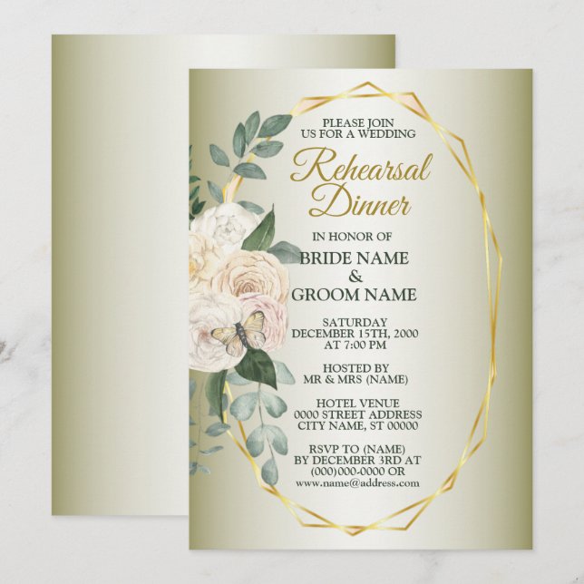 Convite Jantar de Ensaio Floral Verde Dourado Geométrico (Frente/Verso)