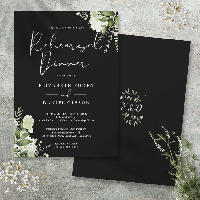 Convite Jantar de Ensaio Floral Verde e Preto e Branco (Greenery Floral Black And White Rehearsal Dinner Invitation)