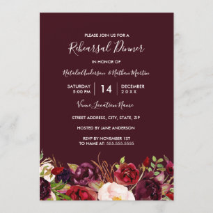 Convite Jantar de Ensaio Floral Vermelho Marsala Borgonha