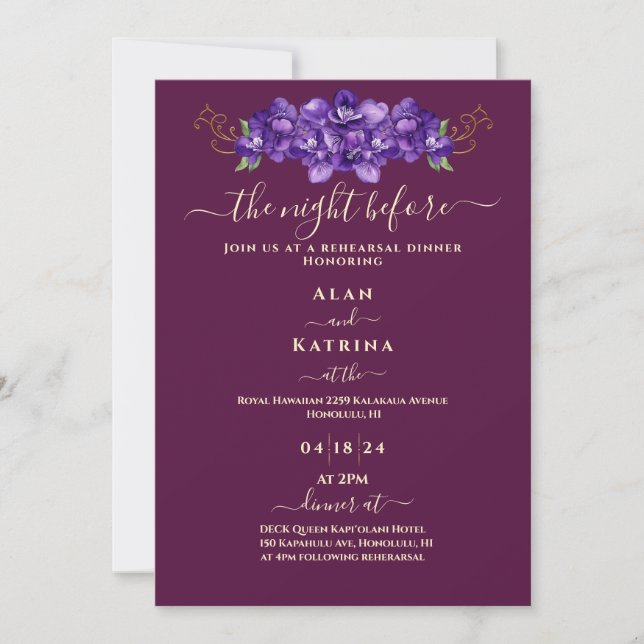 Convite Jantar de Ensaio Floral Violeta Dourado Borgonha (Frente)