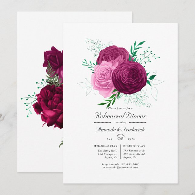 Convite Jantar de Ensaio Floral Viva Magenta (Frente/Verso)