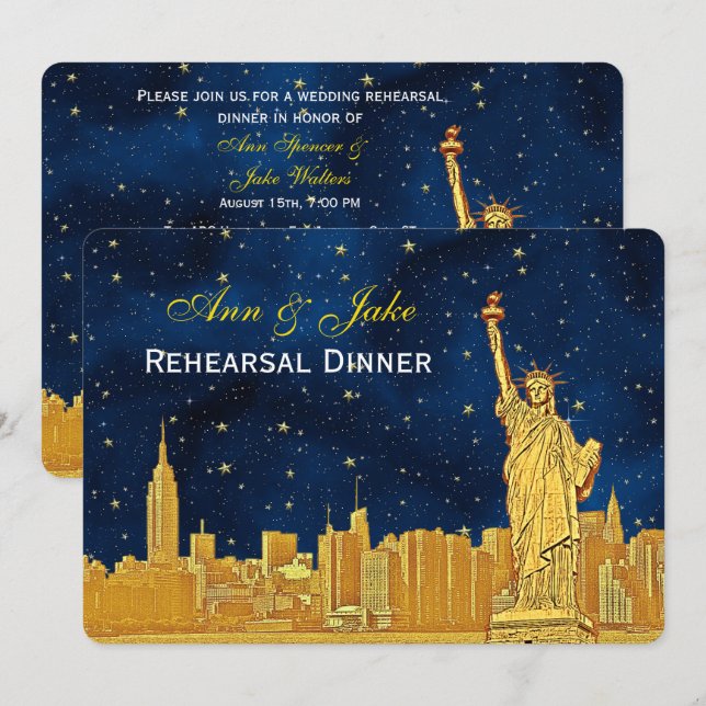 Convite Jantar de Ensaio Gold NYC Skyline #2 Blue Starry H (Frente/Verso)