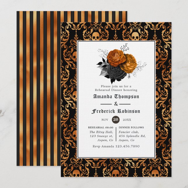 Convite Jantar de ensaio gótico floral preto e laranja (Frente/Verso)