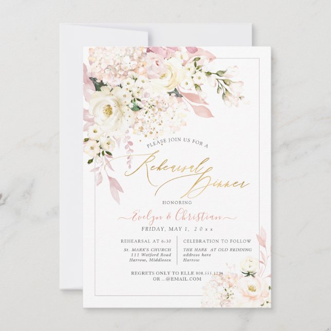 Convite Jantar de Ensaio H2 Blush Hydrangea Cream Roses (Frente)