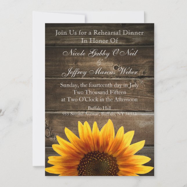 Convite Jantar de ensaio rústico dos girassóis do (Frente)