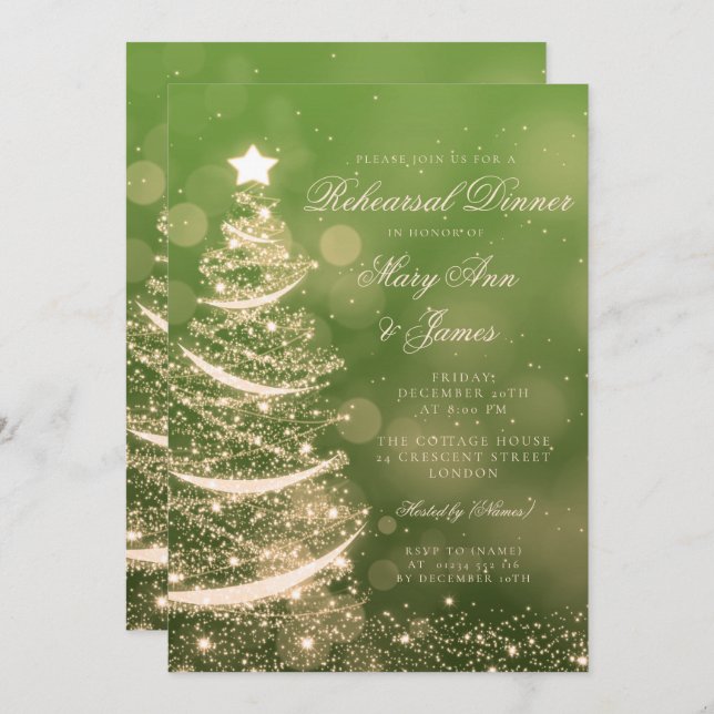Convite Jantar de ensaio verde & Dourado elegante do Natal (Frente/Verso)