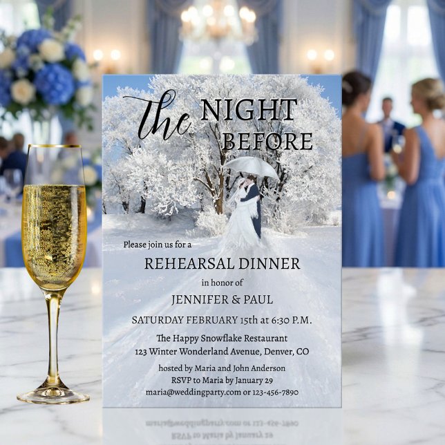 Convite Jantar de Ensaio Winter Wonderland Fine Art (Rehearsal dinner invitation featuring a fine art painting of a couple in a winter wonderland)