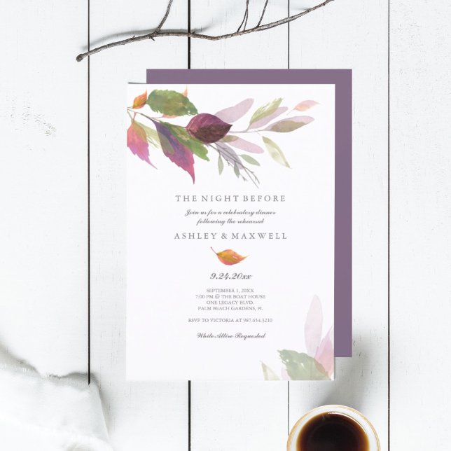 Convite Jantar de Ensaios Aquarela Folhas de Outono (rehearsal dinner invitations the night before autumn leaves purple)