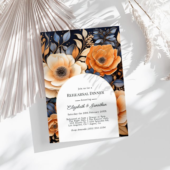 Convite Jantar de Ensaios Azul Marinho Laranja Queimada Ch (Navy Blue Burnt Orange Champagne Rehearsal Dinner Invitation)