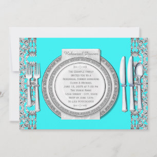 Convite Jantar de Ensaios Azul Turquesa Prateado Elegante