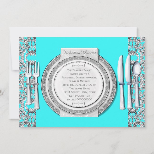 Convite Jantar de Ensaios Azul Turquesa Prateado Elegante (Frente)