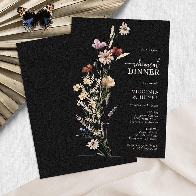 Convite Jantar de Ensaios Black Boho (Moody Black Boho Rehearsal Dinner Invitation by Painted Paperie
)