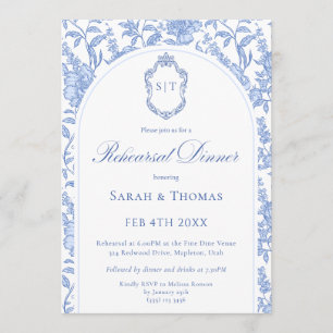 Convite Jantar de Ensaios Blue Floral Chinoiserie Monogram
