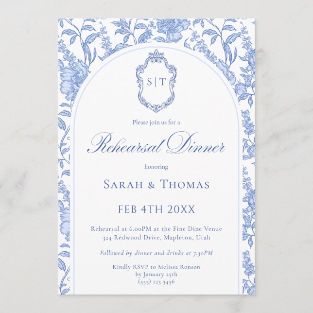 Convite Jantar de Ensaios Blue Floral Chinoiserie Monogram (Frente)
