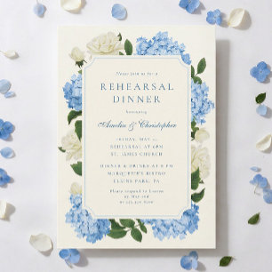Convite Jantar de Ensaios Blue Hydrangea & White Rose