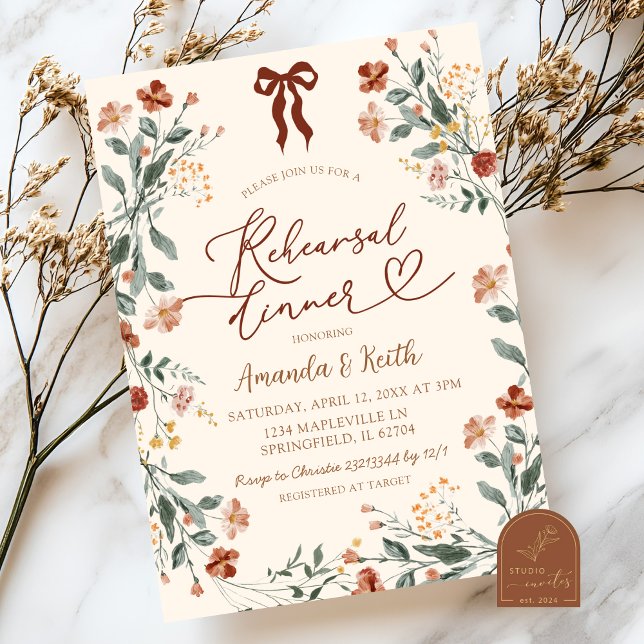 Convite Jantar de Ensaios Boho Coquette Bow Flor Silvestre (Criador carregado)