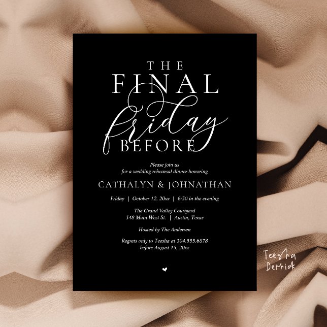 Convite Jantar de Ensaios Clássico “A Última Sexta-Feira A (“The Final Friday Before” Romance Classy Rehearsal Dinner Invitation Card in Black and White)