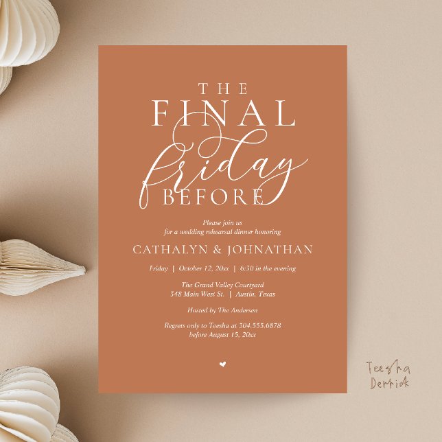 Convite Jantar de Ensaios Clássico “A Última Sexta-Feira A (“The Final Friday Before” Romance Classy Rehearsal Dinner Invitation Card in Copper Brown)