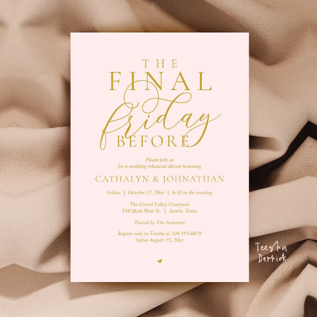 Convite Jantar de Ensaios Clássico “A Última Sexta-Feira A (“The Final Friday Before” Romance Classy Rehearsal Dinner Invitation Card in Blush Pink and Gold)