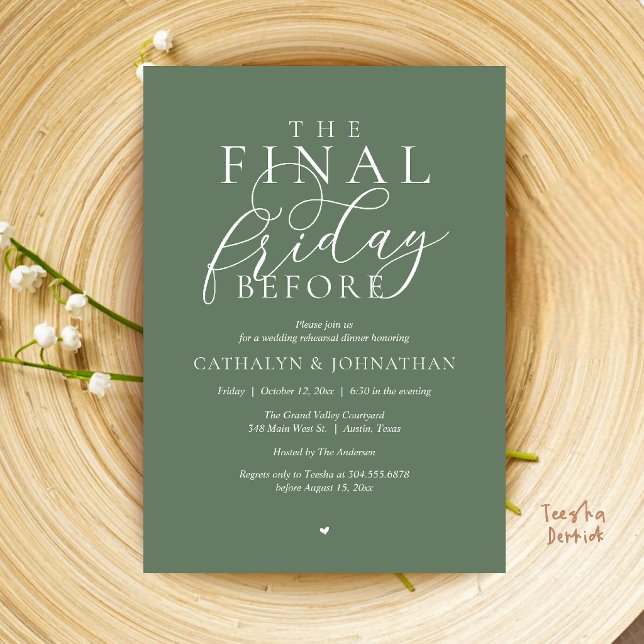 Convite Jantar de Ensaios Clássico “A Última Sexta-Feira A (“The Final Friday Before” Romance Classy Rehearsal Dinner Invitation Card in Sage Green)