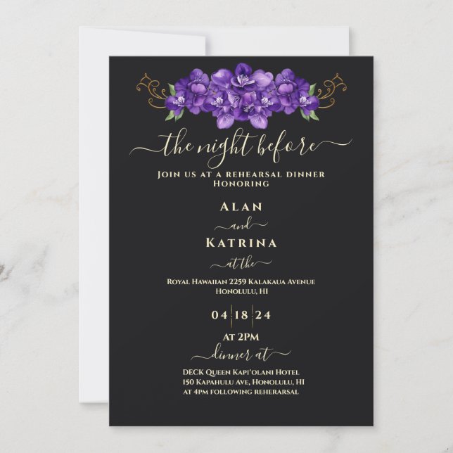Convite Jantar de Ensaios Clássico Preto Violeta Floral Do (Frente)