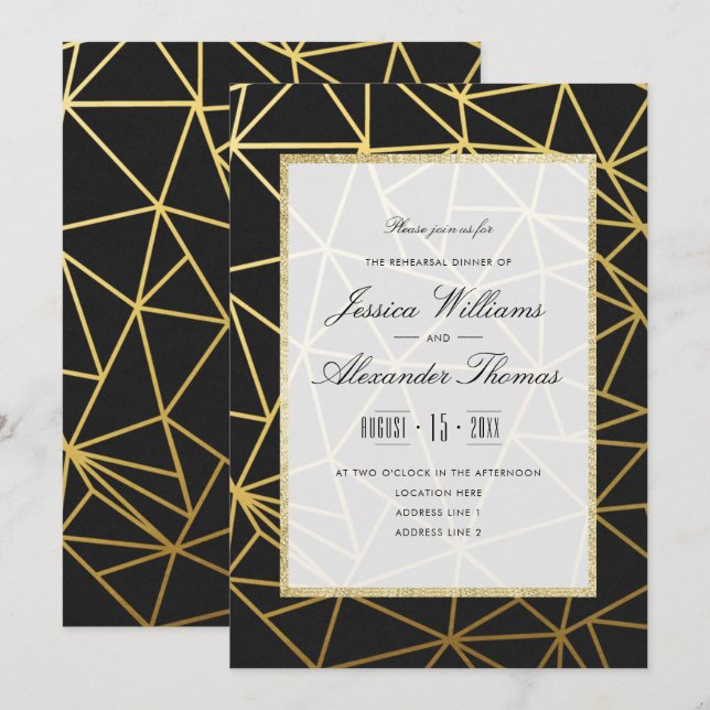 Convite Jantar de Ensaios Classy Gold & Black (Frente/Verso)
