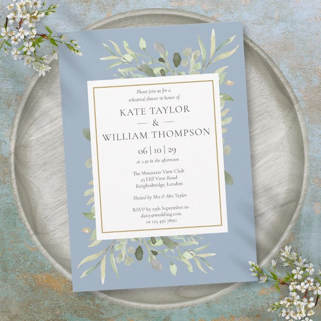 Convite Jantar de Ensaios com Aguarela Azul Empoeirada e V (Dusty Blue Watercolor Greenery Rehearsal Dinner Invitation)