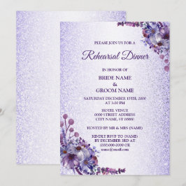 Convite Jantar de Ensaios com Brilho Floral Roxo Azul Rosa