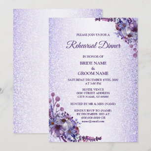 Convite Jantar de Ensaios com Brilho Floral Roxo Azul Rosa