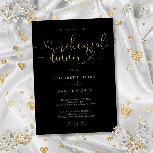 Convite Jantar de Ensaios com Coração Preto e Dourado (Black And Gold Heart Script Rehearsal Dinner Invitation)
