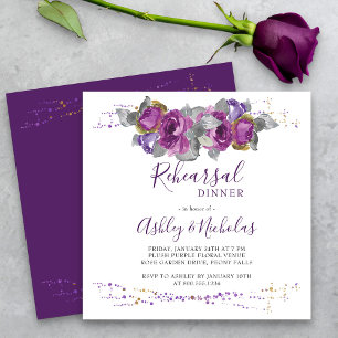 Convite Jantar de Ensaios com Floral de Água em Roxo Elega