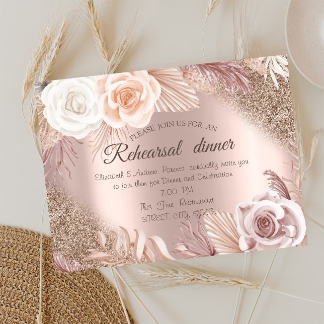 Convite  Jantar de Ensaios com Flores Boho e Brilho em Ros (Criador carregado)