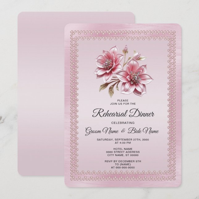 Convite Jantar de Ensaios com Flores Rosas Modernas (Frente/Verso)