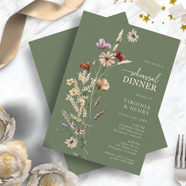 Convite Jantar de Ensaios com Flores Silvestres em Verde S (Boho Sage Green Wildflowers Rehearsal Dinner Invitation by Painted Paperie
)