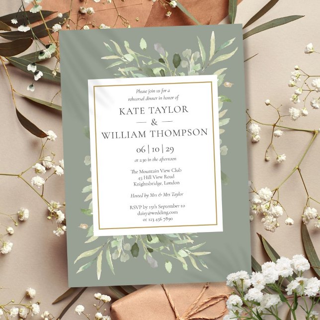 Convite Jantar de Ensaios com Folhagem em Aquarela Verde S (Sage Green Watercolor Greenery Rehearsal Dinner Invitation)