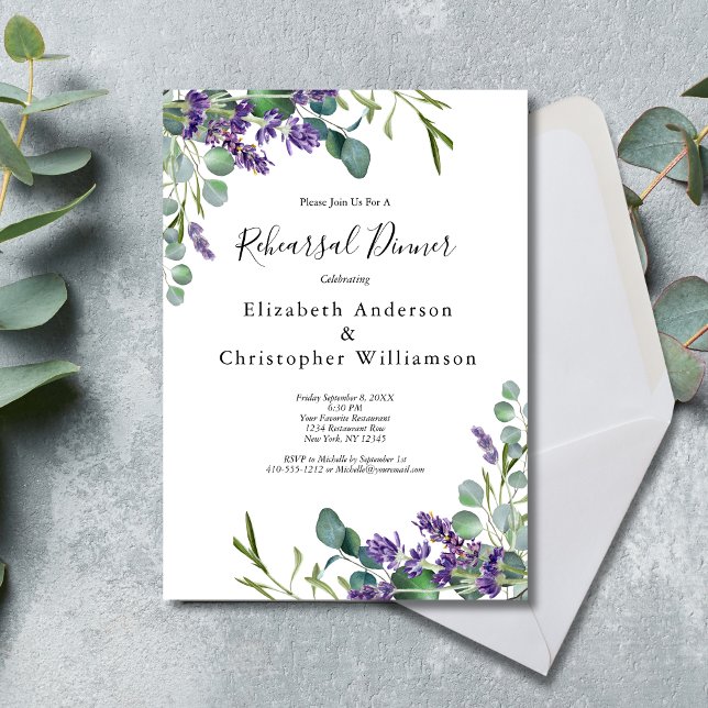 Convite Jantar de Ensaios com Lavanda Eucalipto Folhagens (Lavender Eucalyptus Wedding Rehearsal Dinner Invitation. Elegant Watercolor Greenery)