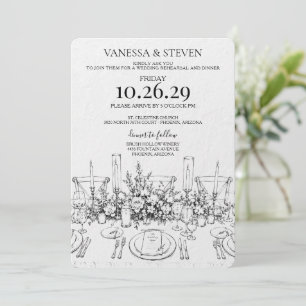 Convite Jantar de Ensaios da Mesa de Casamento Desenhado à