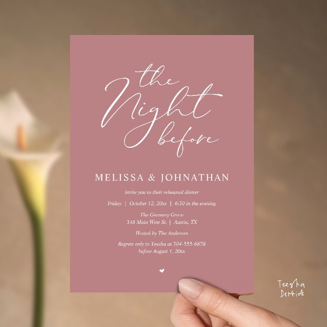 Convite Jantar de Ensaios da Noite Antes do Casamento Româ (The Night Before Romantic Wedding Rehearsal Dinner Invitation Card in Dusty Rose Pink)