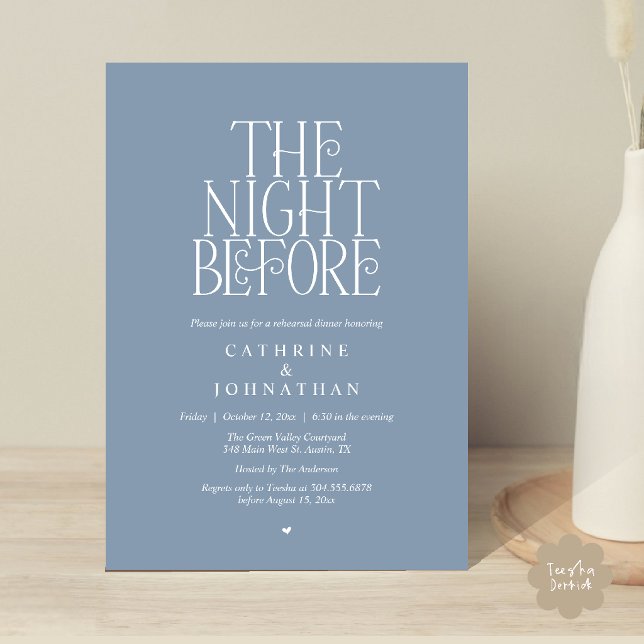 Convite "Jantar de Ensaios da Véspera" Azul Empoeirado (Minimalist "The Night Before" Rehearsal Dinner Invitation Card in Dusty Blue)